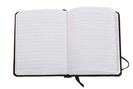 Blank page of open notebook with bookmark, isolated on white