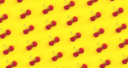 Double sweet cherries pattern on yellow background. Top view. Banner. Pop art design, creative summer food concept.の写真素材