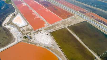 Amazing drone aerial landscape of the beautiful salt pondsの写真素材