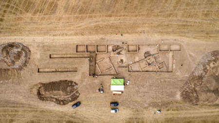 Archaeological excavation. Aerial view of the archaeological excavations and archaeologist camp.の写真素材