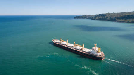 Large ship sailing. Aerial shot of big ship in the seaの写真素材