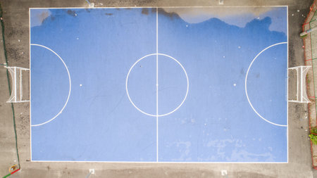 Top down view of empty football field in school yardの写真素材