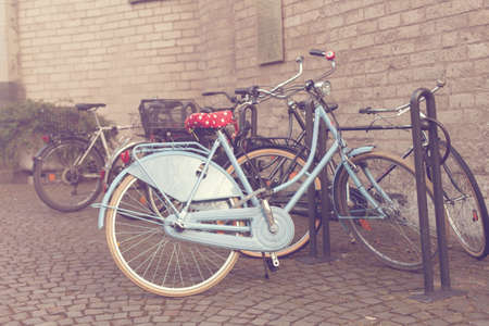 Bicycles parked in a pedestrian zone in europeの写真素材