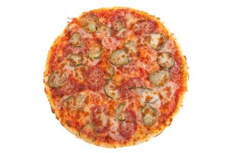 Top down view of delicious pizza, isolated on white.の写真素材