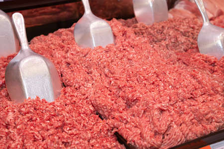 Minced meat  in butcher shop. Ground pork ready for sale at market.