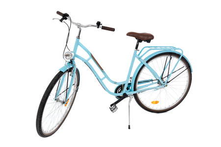 Blue womens bicycle Isolated on white background. Retro Vintage Ladies Bike.の写真素材