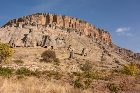 View of Cappadocia. Turkey. A geological formation consisting of volcanic tuff with cave dwelling. Cave monastery in Goreme Central Anatolia.の写真素材