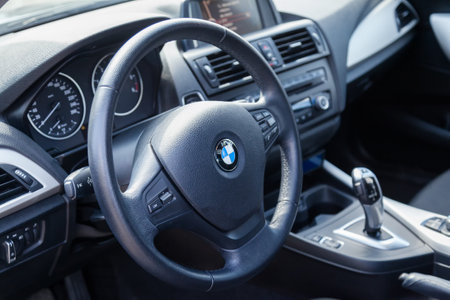 VARNA, BULGARIA - MARCH 17, 2016: The Interior of BMW Steering Wheel. BMW is a German automobile, motorcycle and engine manufacturing company founded in 1916.のeditorial素材