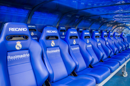 MADRID, SPAIN - MAY 14, 2009: coach and reserves bench on the Santiago Bernabeu stadium in Madrid. Home arena of Real Madrid CF. Real Madrid C.F. was established in 1902. It is the best club of XX century.のeditorial素材