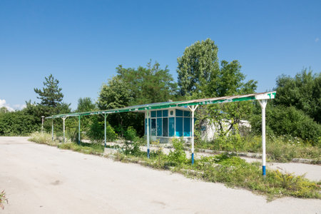 Abandoned gas station. Abandoned roadside stop fuel stationの写真素材