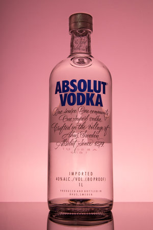 Varna, Bulgaria - AUGUST 18, 2020: Bottle of Swedish vodka Absolut. Absolut vodka was established in 1879 by Lars Olsson Smith inのeditorial素材