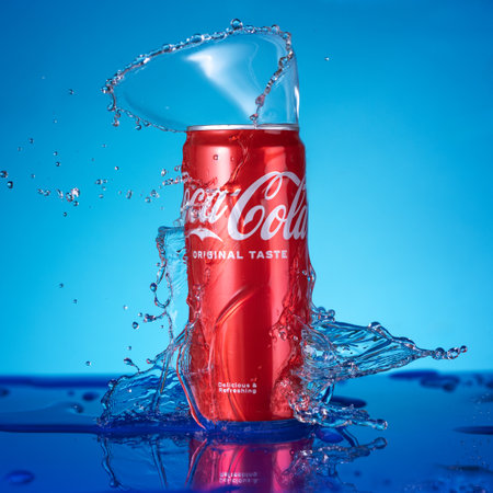 Varna, BULGARIA - APRIL 23, 2024: Classic Coca Cola original taste, red can with splashes  on blue...