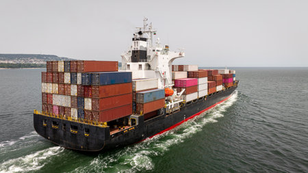 Large container ship at sea. Aerial top view of cargo container ship vessel import export container...
