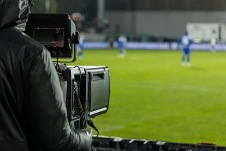 TV camera at the stadium, broadcasting during a football, soccer matchの写真素材