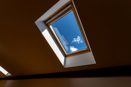 Interior shot of a roof window. Dormer window. Roof window, Skylight