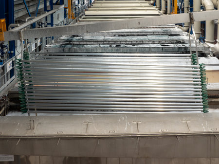 Aluminum profiles in industrial factory. Heavy industry
