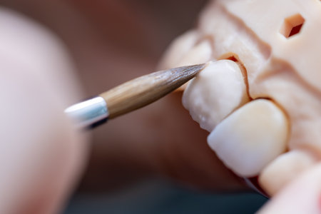 Dental prosthesis work. Teeth painting. Technician applies ceramic material to the crown of a dental implant using a brush.の写真素材
