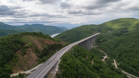 Aerial view of highway and beautiful natural landscape. Mountain bridge.の写真素材