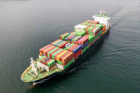 Large container ship at sea. Aerial view of cargo container ship vessel import export container...