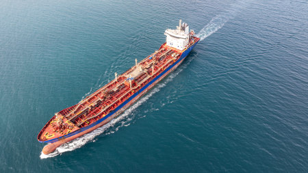 Aerial view of big oil, chemical tanker sails. Tanker ship logistic and transportation business oil and gas industry.