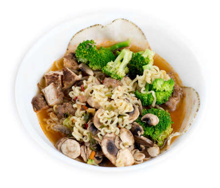 Chicken, broccoli, mushroom and sliced meat enhanced Japanese ramenの写真素材