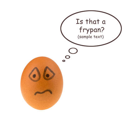 Scared or sad brown egg looking at or thinking about something with speech bubbleの写真素材
