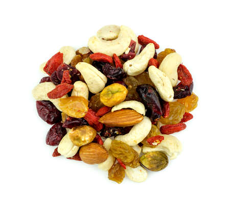 Aerial of healthy mixed fruits and nuts snackの写真素材