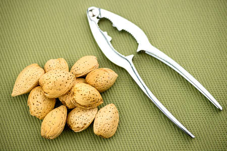 Natural almonds with shells and nut crackerの写真素材