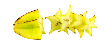 Horizontal shot of green ripe starfruit carambola with cross sectionsの写真素材