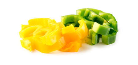 Macro of yellow and green bell peppers chopped into stripsの写真素材