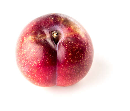 Overripe brownish red plum isolated on whiteの写真素材