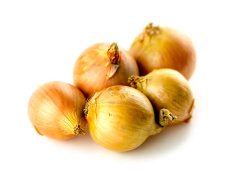 Five onions of various sized studio isolatedの写真素材