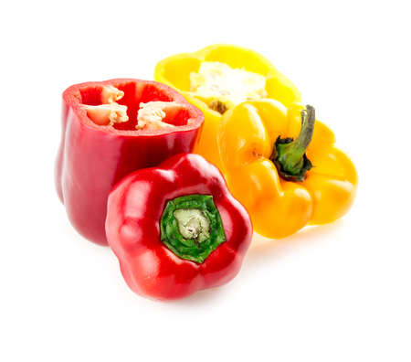 Ripe red and yellow capsicums ready have seeds removedの写真素材