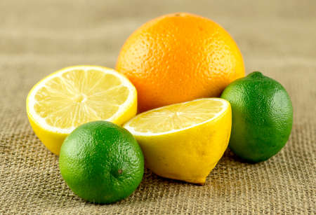 Arrangement of selection of sweet and sour citrus fruitsの写真素材