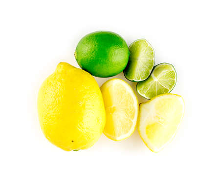 Sour lemons and limes studio isolated on white backgroundの写真素材