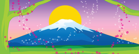 Fuji mountain and sakura on Sunset. Vector Illustrationのイラスト素材