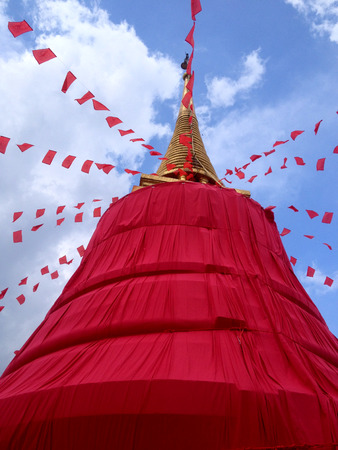 Golden Mount Temple with red cloth in Bangkokの写真素材