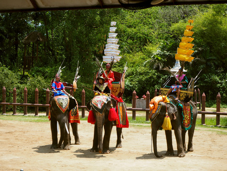 Elephants and Thai warriors performing a showのeditorial素材