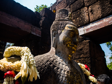 Sandstone statue of god Khmer Art at Prasat Muang Singh in Kanjanaburi , Thailand.のeditorial素材