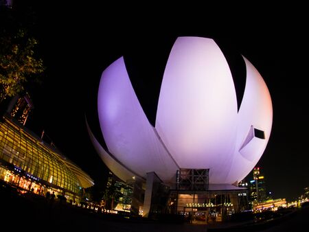 Night Time at ArtScience Museum, Marina Bay Sands, Singapore-12 SEP. 2017.のeditorial素材