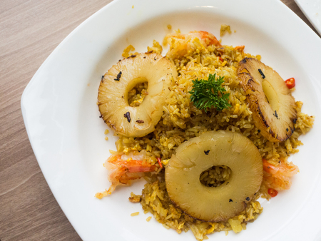 Pineapple fried rice , Fried rice with pineapple raisin shrimp , Thai food.の写真素材