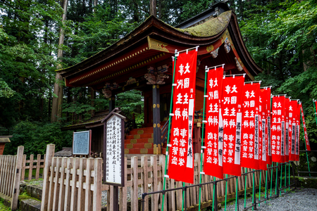 Red shrine banners in the Fujiyoshida Sengen Shrine in Fujiyoshida city, Japan - Sep 2018.のeditorial素材