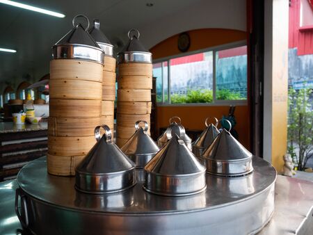 dim sum Steaming pot in a Chinese restaurant. dim sum chinese food in bamboo basketの写真素材