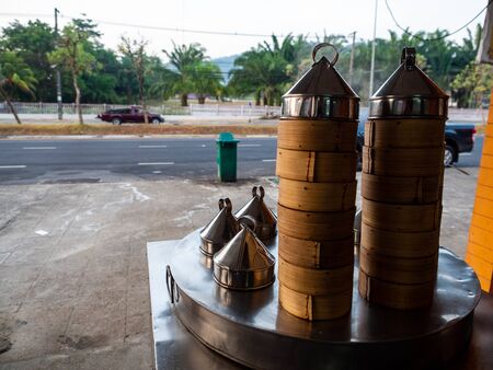 dim sum Steaming pot in a Chinese restaurant. dim sum chinese food in bamboo basketの写真素材
