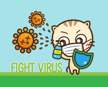 Character Cartoon wearing a mask protection and prevention during Virus and infectious outbreak, Coronavirus (COVID-19), Fight virus concept, Stay Home : Vector illustrationのイラスト素材