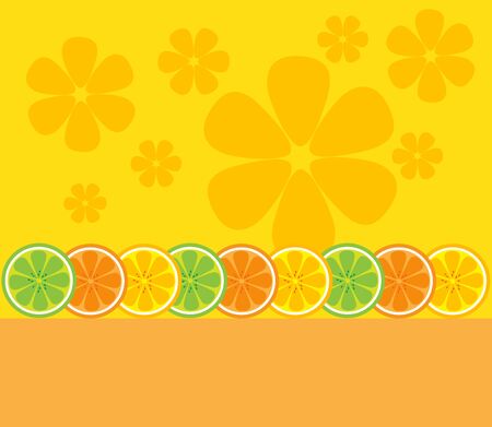 Cartoon Pretty Lime or Lemons and Orange Fruits on Yellow Background, Vector Illustrationのイラスト素材