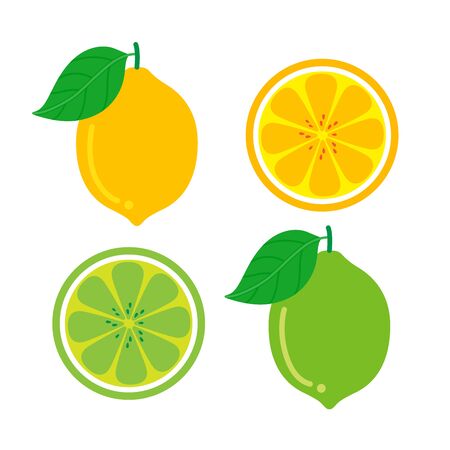 Character Cartoon Set of Lemon fruit and Lime, that are segmented on a white background. Vector Illustration.のイラスト素材