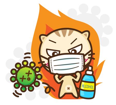 Character Cartoon wearing a mask protection and prevention during Virus and infectious outbreak, Coronavirus (COVID-19), Fight virus concept : Vector illustrationのイラスト素材