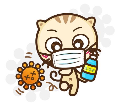 Character Cartoon wearing a mask protection and prevention during Virus and infectious outbreak, Coronavirus (COVID-19), Fight virus concept : Vector illustrationのイラスト素材