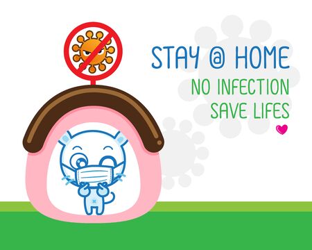 Character Cartoon wearing a mask protection and prevention during Virus and infectious outbreak, Coronavirus (COVID-19), Fight virus concept, Stay Home : Vector illustrationのイラスト素材